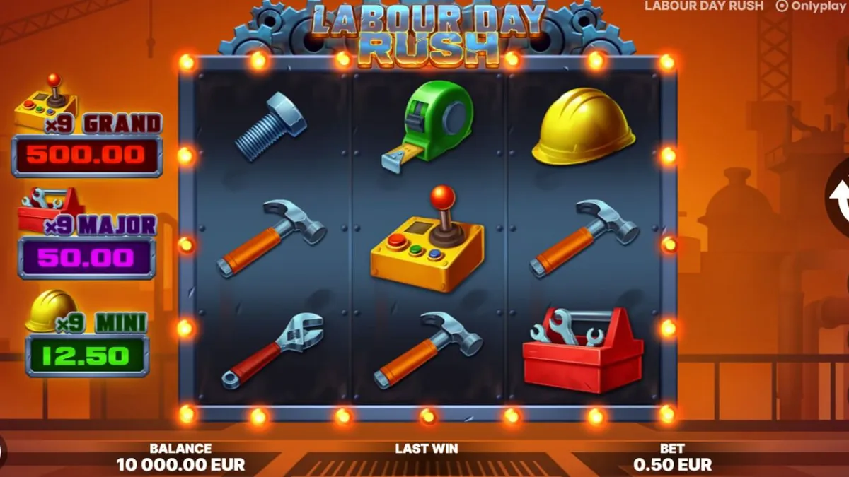 Tampilan visual slot Labour Day Rush dengan tema pabrik dan alat berat